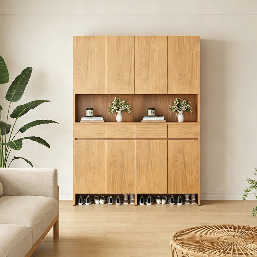 LIVARA 140/160cm Storage Cabinet - Multi-Shelf & Drawer Organiser with Eco Solid Wood Panels, Slim 35cm Depth & Flush Wall Design