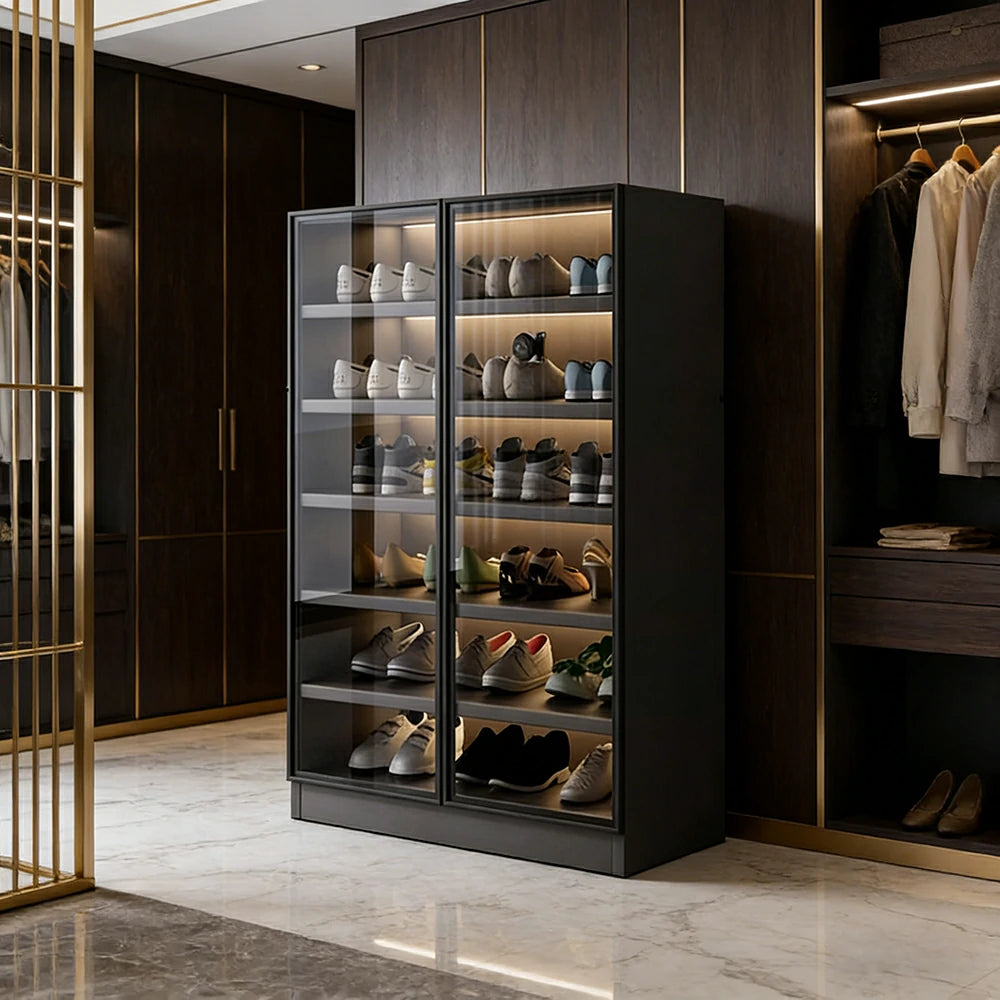 LIVARA 40/80cm Shoe Cabinet - Push Open Storage Cabinet with Adjustable Shelves, Tempered Glass Panels & Aluminium Alloy Frame