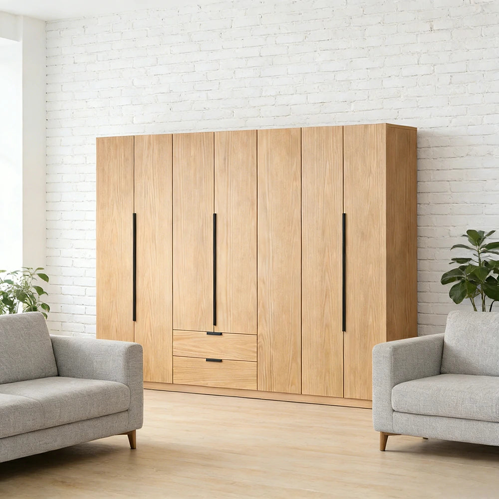LIVARA 220/240cm Solid Wood Wardrobe Cabinet - Deep 60cm Storage with Heavy Duty Hanging Rail, FAS Grade Oak Durable Floor Standing Design - Wood