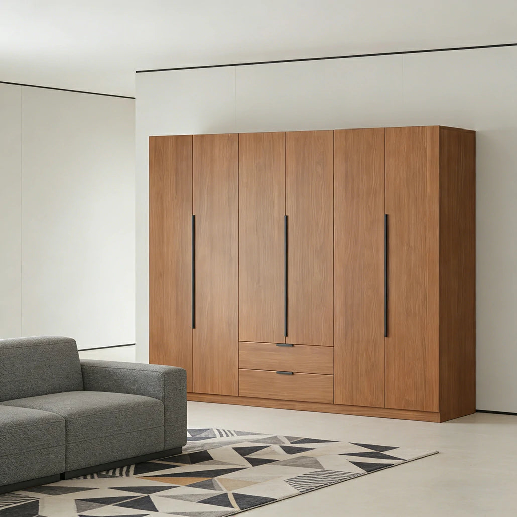 LIVARA 220/240cm Solid Wood Wardrobe Cabinet - Deep 60cm Storage with Heavy Duty Hanging Rail, FAS Grade Oak Durable Floor Standing Design - Walnut