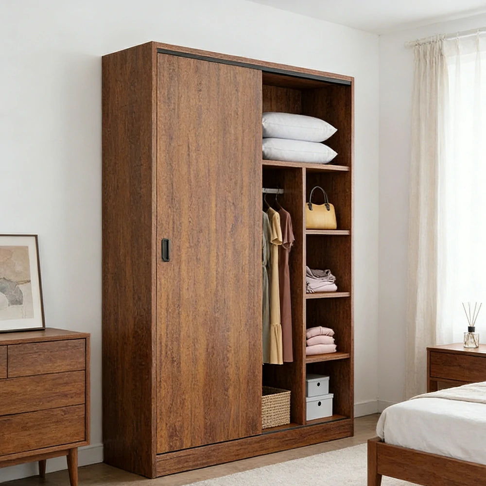 LIVARA 80/120/160cm Sliding Door Wardrobe - Quiet Glide Track System, High-Density MDF Construction, Spacious Storage with Solid Timber Rail - Walnut