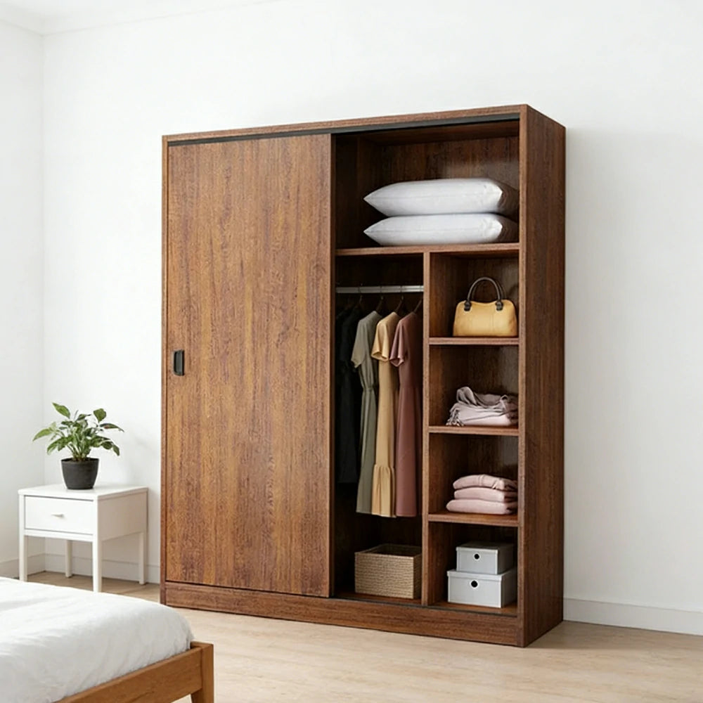 LIVARA 80/120/160cm Sliding Door Wardrobe - Quiet Glide Track System, High-Density MDF Construction, Spacious Storage with Solid Timber Rail - Walnut