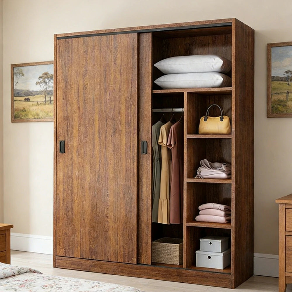 LIVARA 80/120/160cm Sliding Door Wardrobe - Quiet Glide Track System, High-Density MDF Construction, Spacious Storage with Solid Timber Rail - Walnut