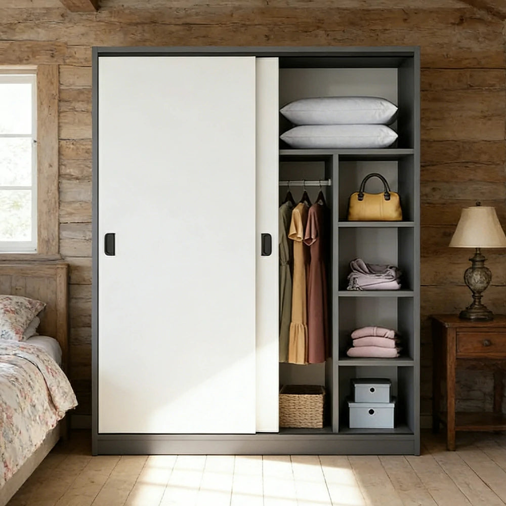 LIVARA 100/120cm Sliding Door Wardrobe - Quiet Glide Track System, High-Density MDF Construction, Spacious Storage with Solid Timber Rail - Black&White