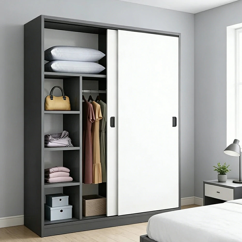 LIVARA 100/120cm Sliding Door Wardrobe - Quiet Glide Track System, High-Density MDF Construction, Spacious Storage with Solid Timber Rail - Black&White