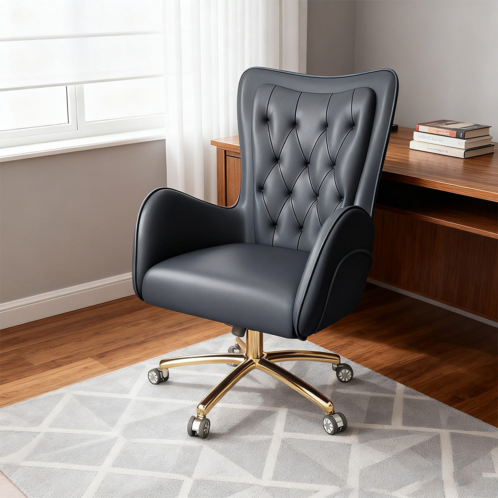 LIVARA Office Chair – Ergonomic Spine-Support Design, Premium Nappa Leather, High-Resilience Foam, Adjustable Height & 360° Swivel - Black