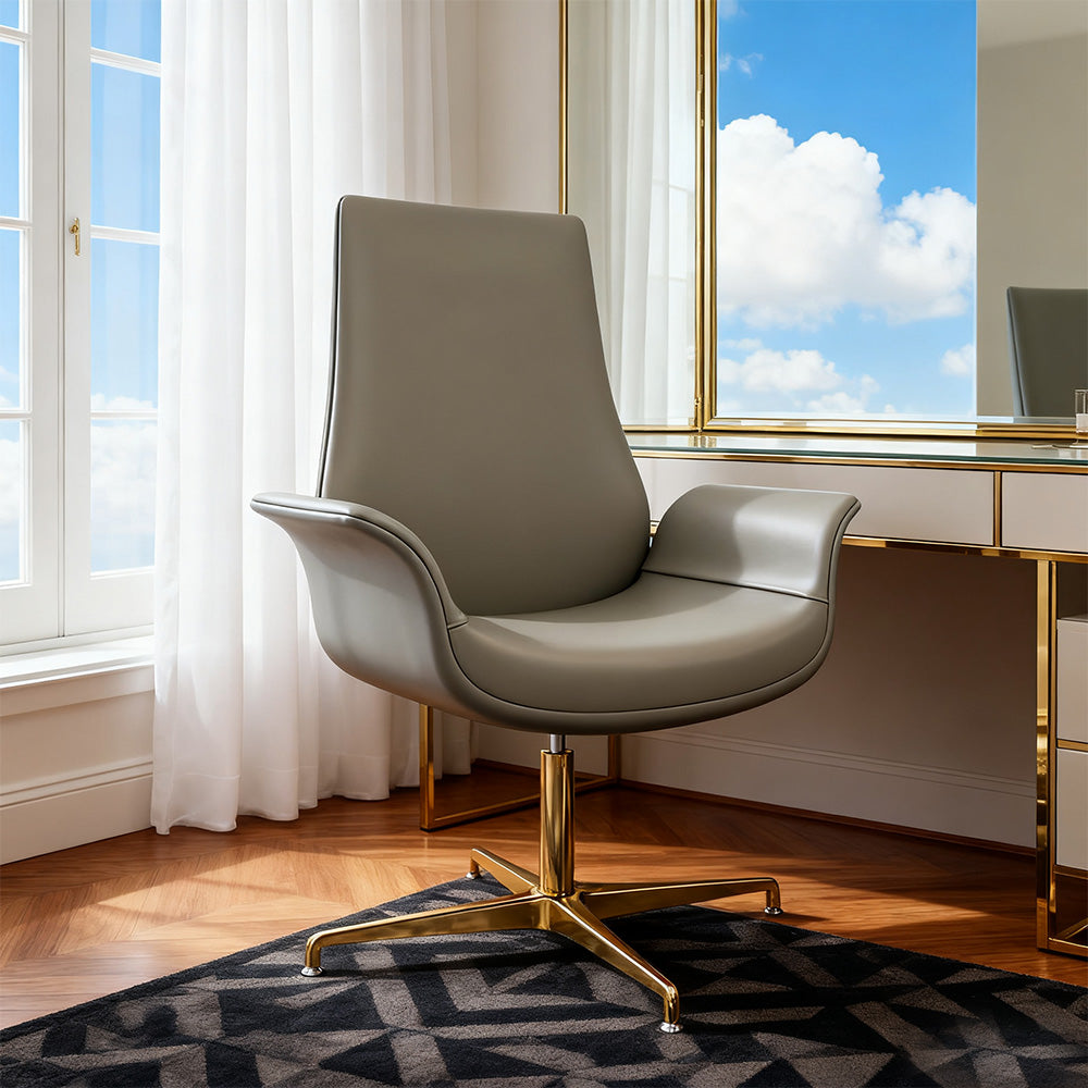 LIVARA Office Chair – Ergonomic Wide Backrest, Nappa Leather, High-Density Foam, Fixed Armrests, Gas Lift & 360° Swivel - Grey