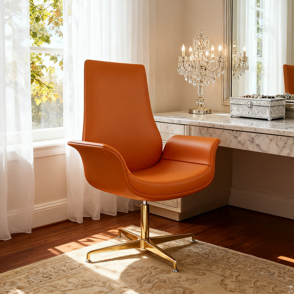 LIVARA Office Chair – Ergonomic Wide Backrest, Nappa Leather, High-Density Foam, Fixed Armrests, Gas Lift & 360° Swivel - Orange