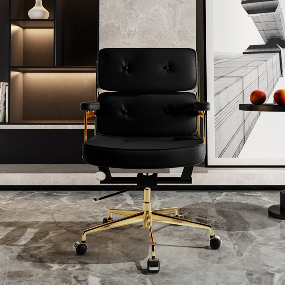 LIVARA Office Chair Tufted Backrest & Arm Support, Nappa Leather, High-Density Foam, Gas Lift & 360° Swivel - Black