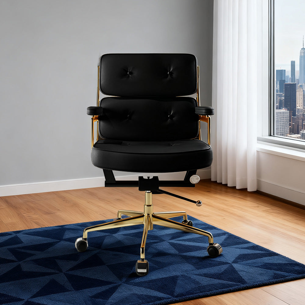 LIVARA Office Chair Tufted Backrest & Arm Support, Nappa Leather, High-Density Foam, Gas Lift & 360° Swivel - Black