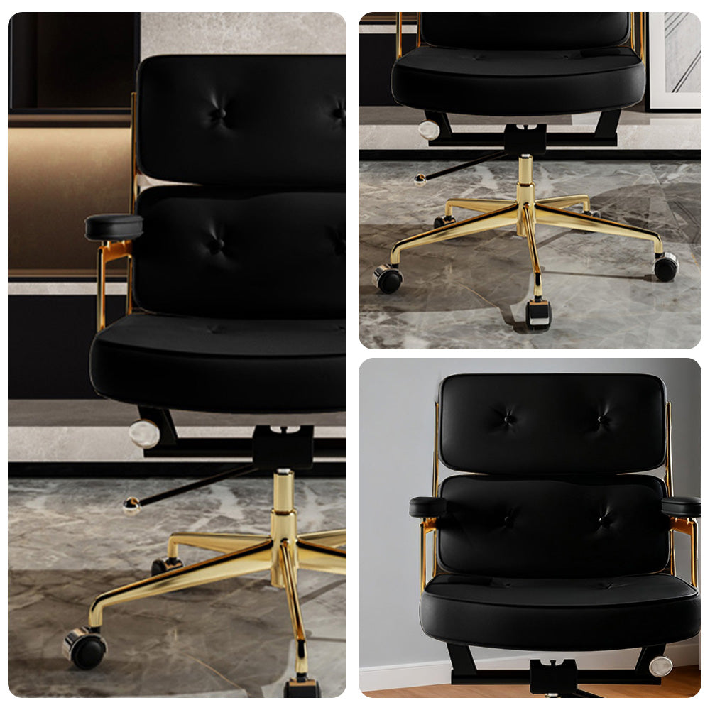 LIVARA Office Chair Tufted Backrest & Arm Support, Nappa Leather, High-Density Foam, Gas Lift & 360° Swivel - Black