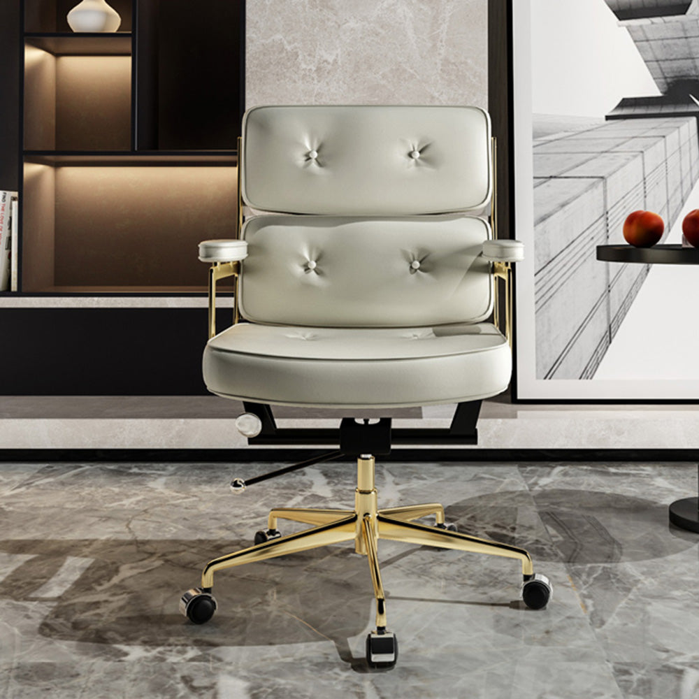 LIVARA Office Chair Tufted Backrest & Arm Support, Nappa Leather, High-Density Foam, Gas Lift & 360° Swivel - White