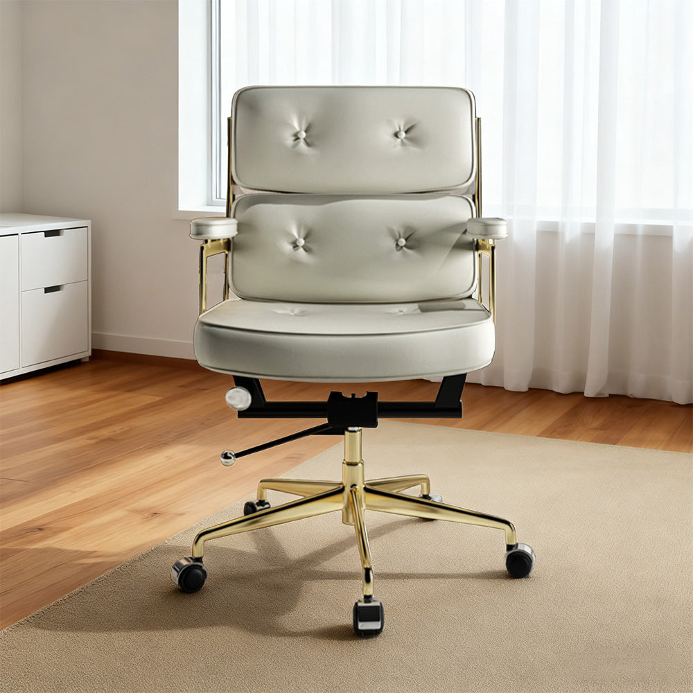 LIVARA Office Chair Tufted Backrest & Arm Support, Nappa Leather, High-Density Foam, Gas Lift & 360° Swivel - White