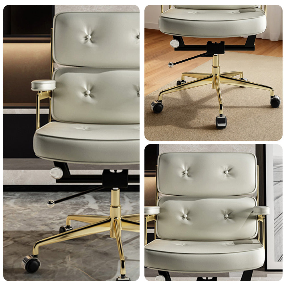 LIVARA Office Chair Tufted Backrest & Arm Support, Nappa Leather, High-Density Foam, Gas Lift & 360° Swivel - White