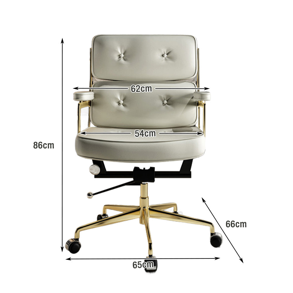 LIVARA Office Chair Tufted Backrest & Arm Support, Nappa Leather, High-Density Foam, Gas Lift & 360° Swivel - White