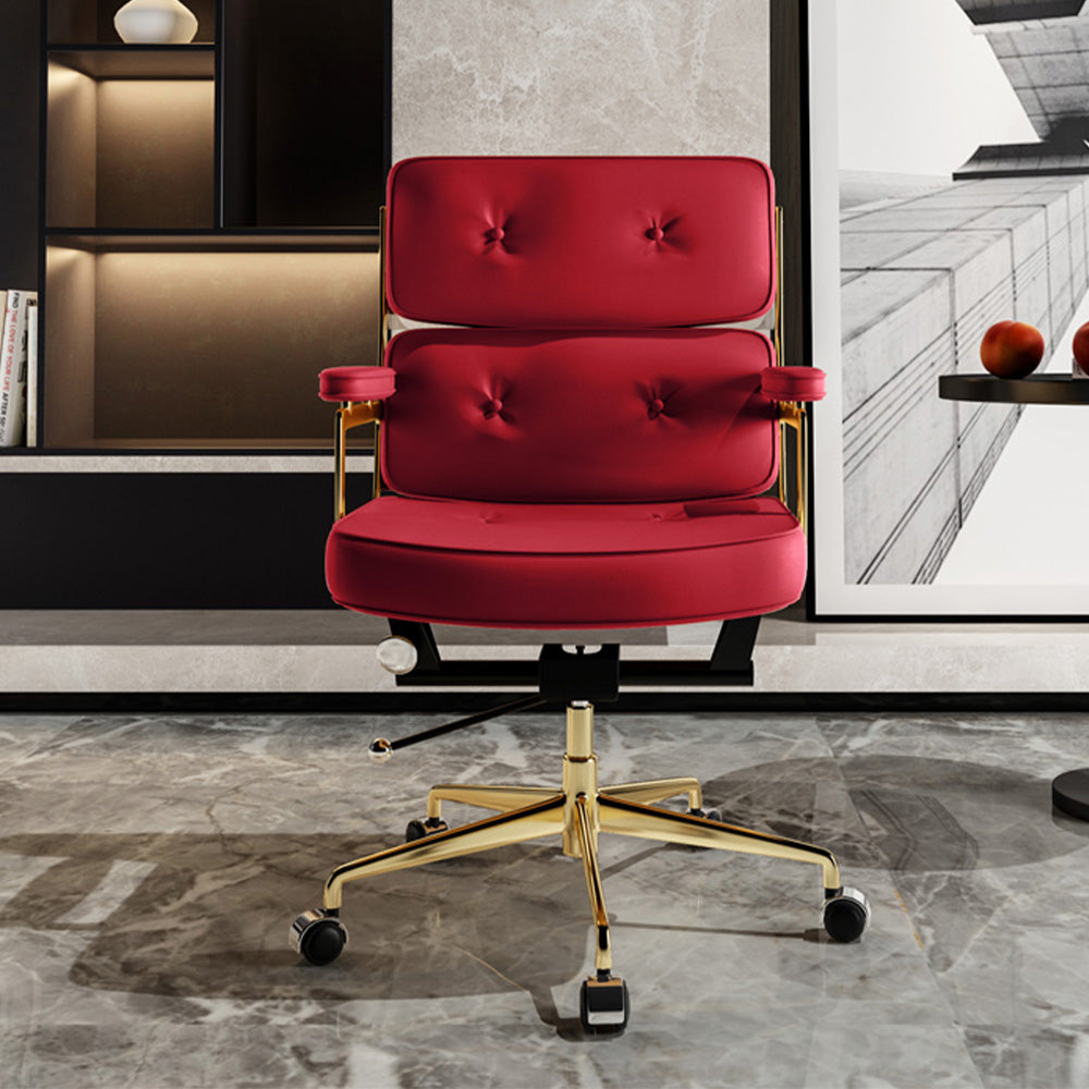 LIVARA Office Chair Tufted Backrest & Arm Support, Nappa Leather, High-Density Foam, Gas Lift & 360° Swivel - Wine