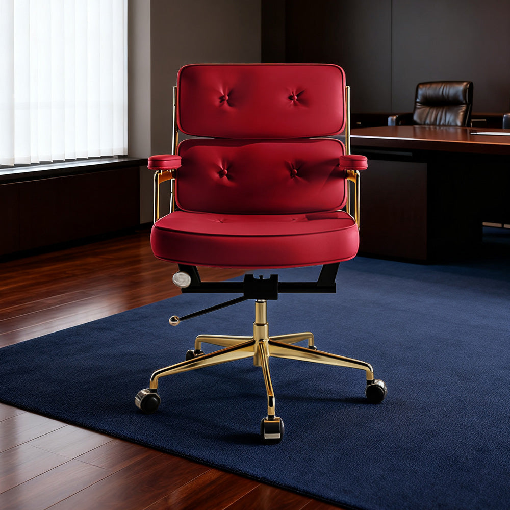 LIVARA Office Chair Tufted Backrest & Arm Support, Nappa Leather, High-Density Foam, Gas Lift & 360° Swivel - Wine