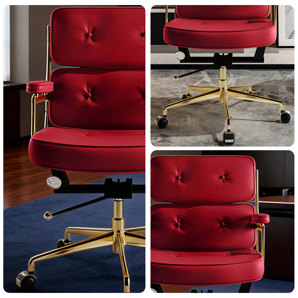 LIVARA Office Chair Tufted Backrest & Arm Support, Nappa Leather, High-Density Foam, Gas Lift & 360° Swivel - Wine