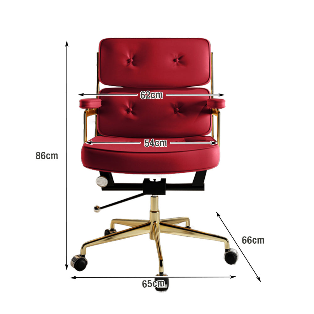 LIVARA Office Chair Tufted Backrest & Arm Support, Nappa Leather, High-Density Foam, Gas Lift & 360° Swivel - Wine