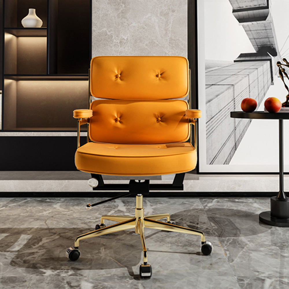 LIVARA Office Chair Tufted Backrest & Arm Support, Nappa Leather, High-Density Foam, Gas Lift & 360° Swivel - Yellow