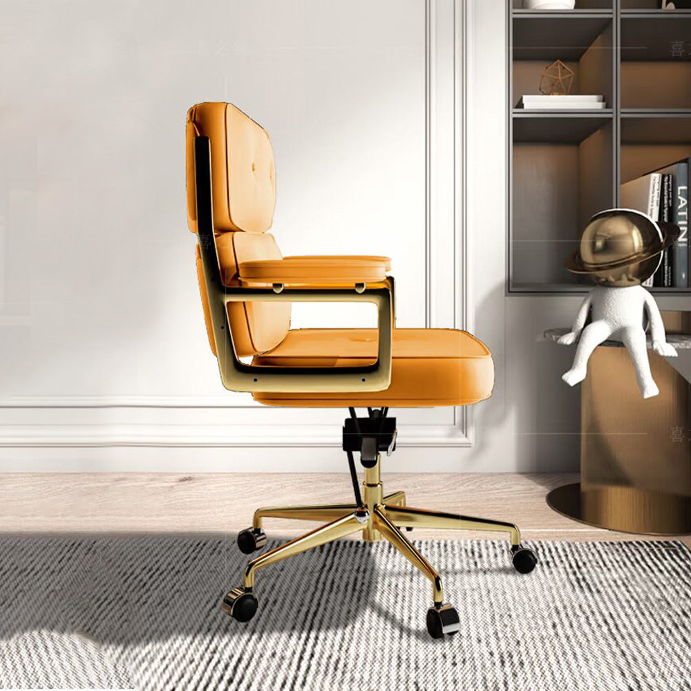 LIVARA Office Chair Tufted Backrest & Arm Support, Nappa Leather, High-Density Foam, Gas Lift & 360° Swivel - Yellow