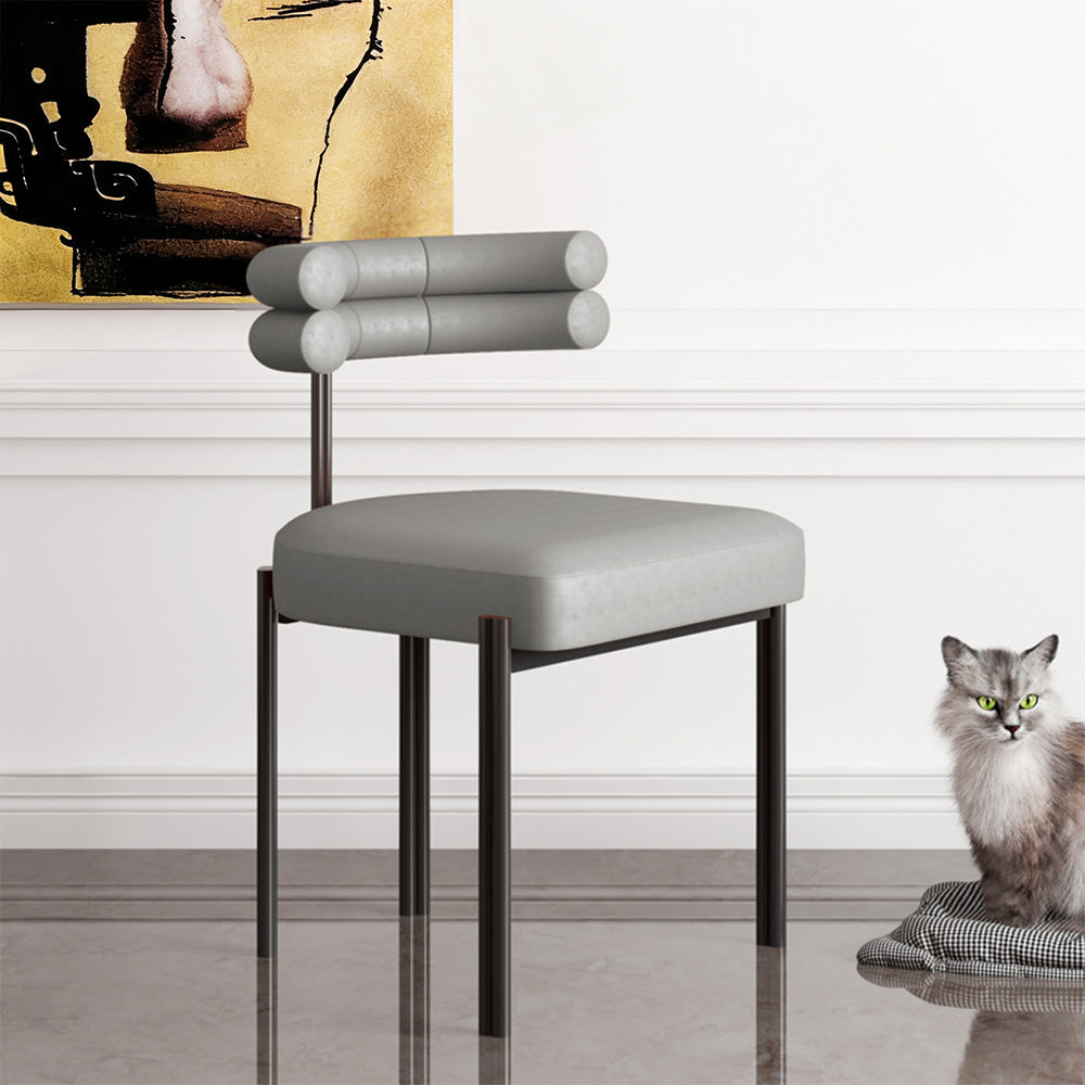 LIVARA Dining Chair Semi-Enclosed Design, Nappa Leather & Fabric, High-Density Foam, Carbon Steel Frame - Grey