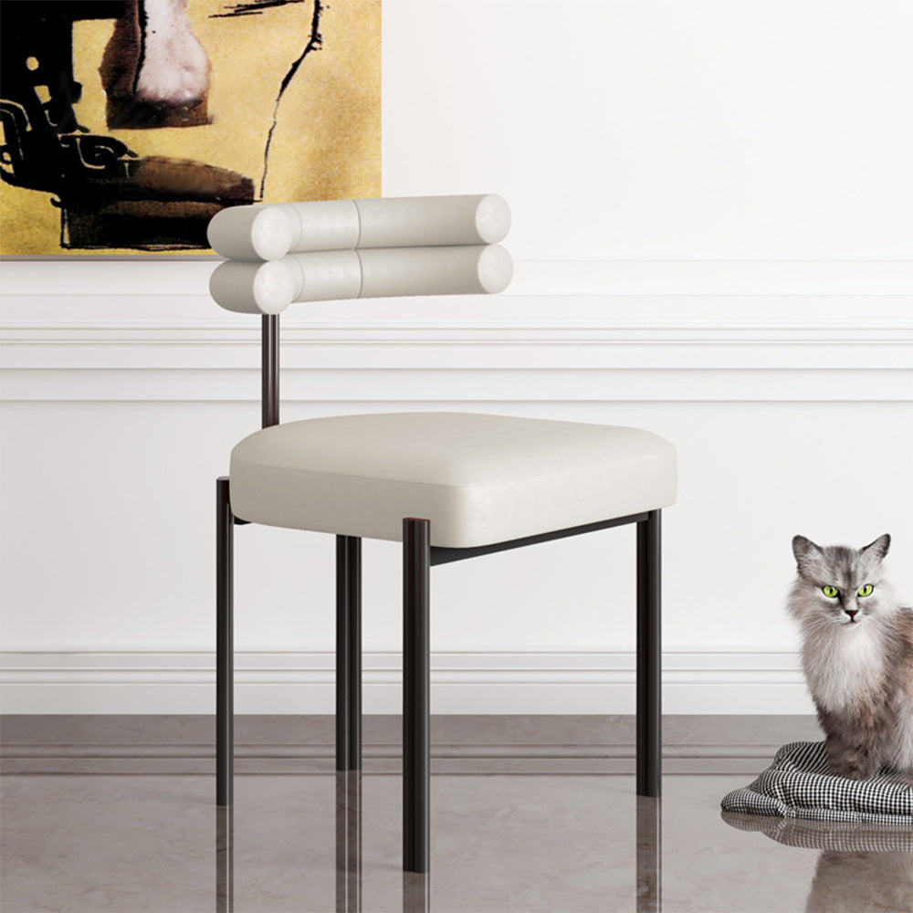 LIVARA Dining Chair Semi-Enclosed Design, Nappa Leather & Fabric, High-Density Foam, Carbon Steel Frame - White