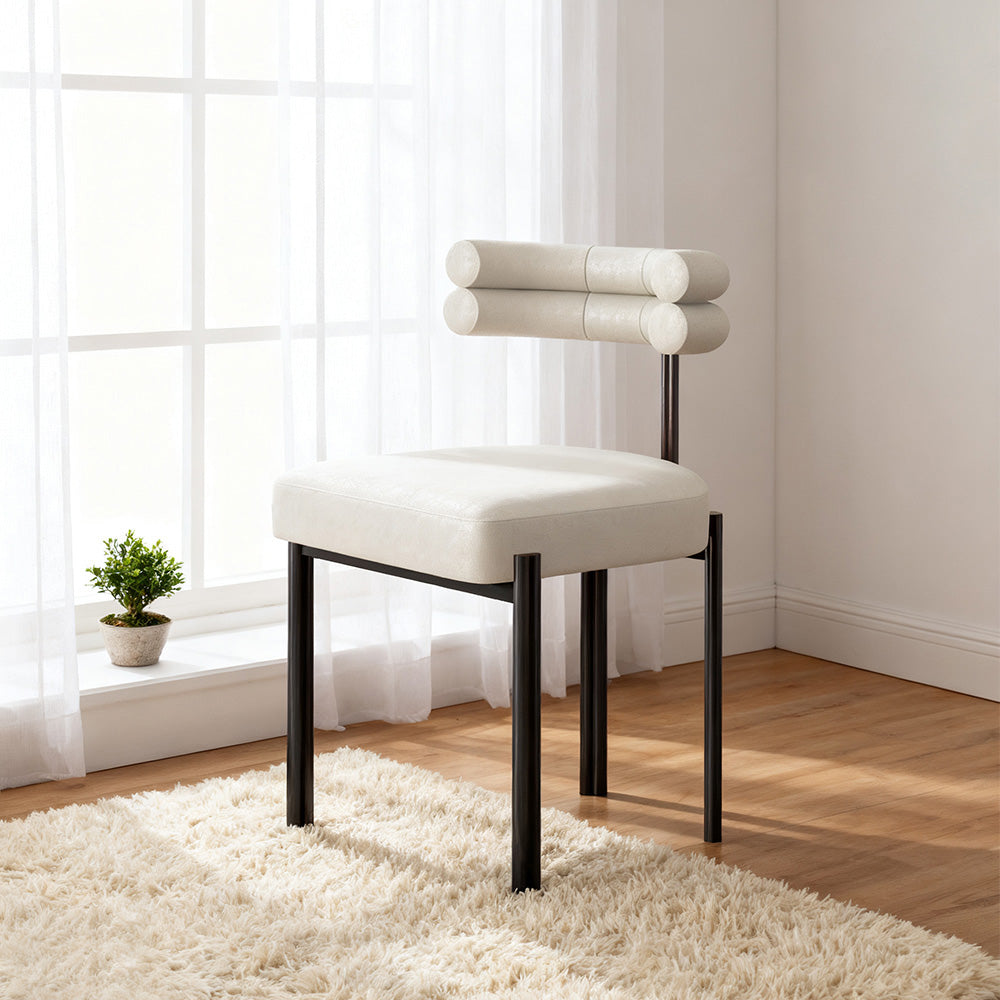 LIVARA Dining Chair Semi-Enclosed Design, Nappa Leather & Fabric, High-Density Foam, Carbon Steel Frame - White