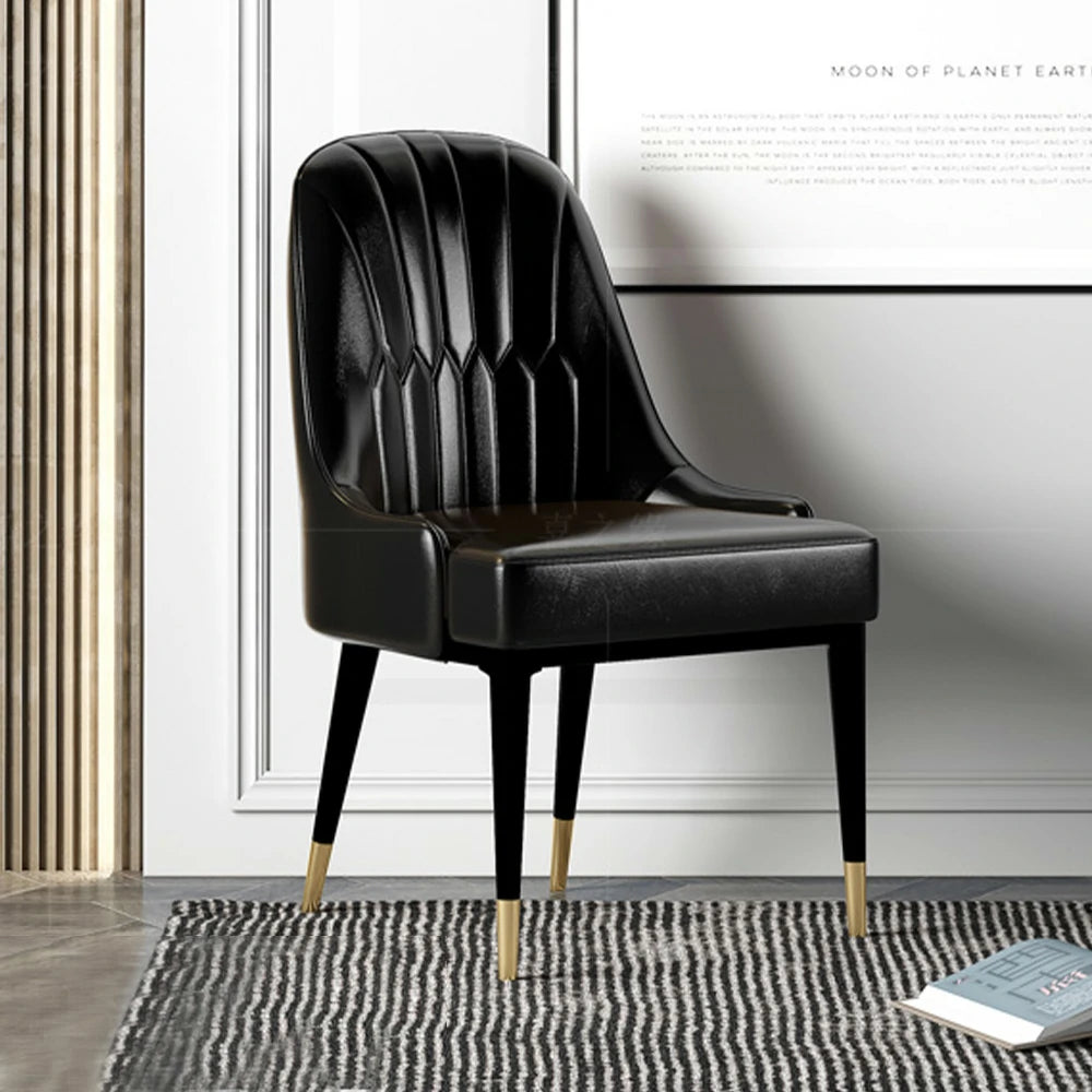 LIVARA Dining Chair – Premium Faux Leather Upholstery, Ergonomic Vertical-Stitched Backrest, High-Density Cushion, Sturdy Metal Legs with Gold-Tipped Design - Black