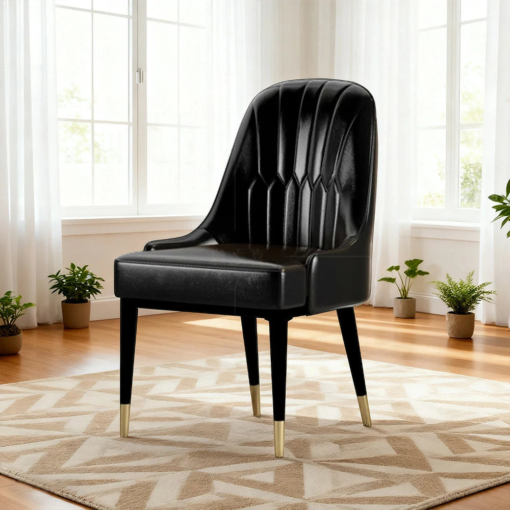 LIVARA Dining Chair – Premium Faux Leather Upholstery, Ergonomic Vertical-Stitched Backrest, High-Density Cushion, Sturdy Metal Legs with Gold-Tipped Design - Black
