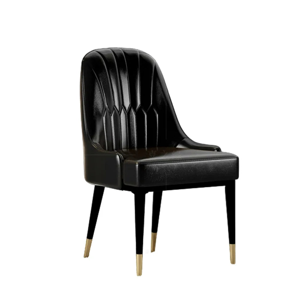 LIVARA Dining Chair – Premium Faux Leather Upholstery, Ergonomic Vertical-Stitched Backrest, High-Density Cushion, Sturdy Metal Legs with Gold-Tipped Design - Black