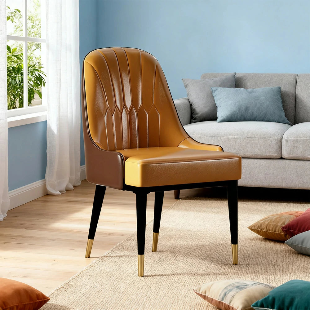 LIVARA Dining Chair – Premium Faux Leather Upholstery, Ergonomic Vertical-Stitched Backrest, High-Density Cushion, Sturdy Metal Legs with Gold-Tipped Design - Orange