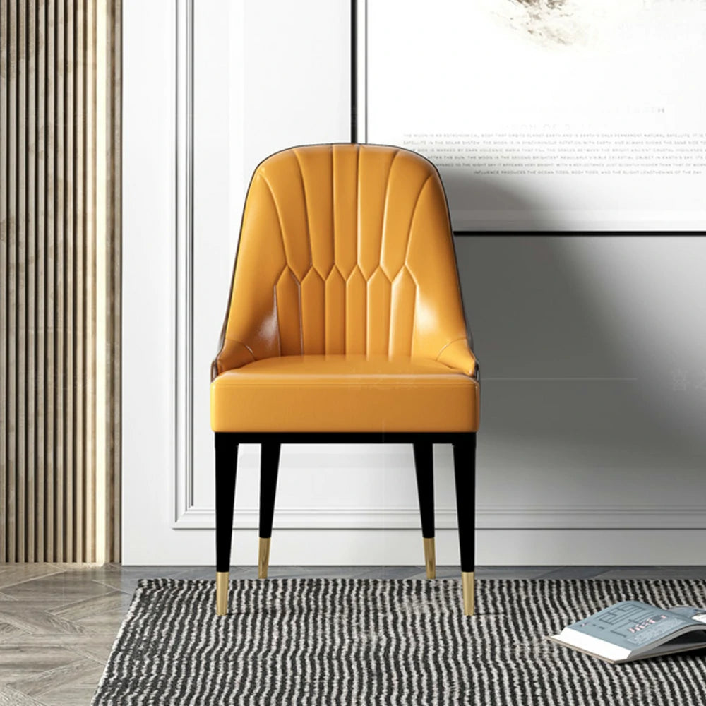 LIVARA Dining Chair – Premium Faux Leather Upholstery, Ergonomic Vertical-Stitched Backrest, High-Density Cushion, Sturdy Metal Legs with Gold-Tipped Design - Orange
