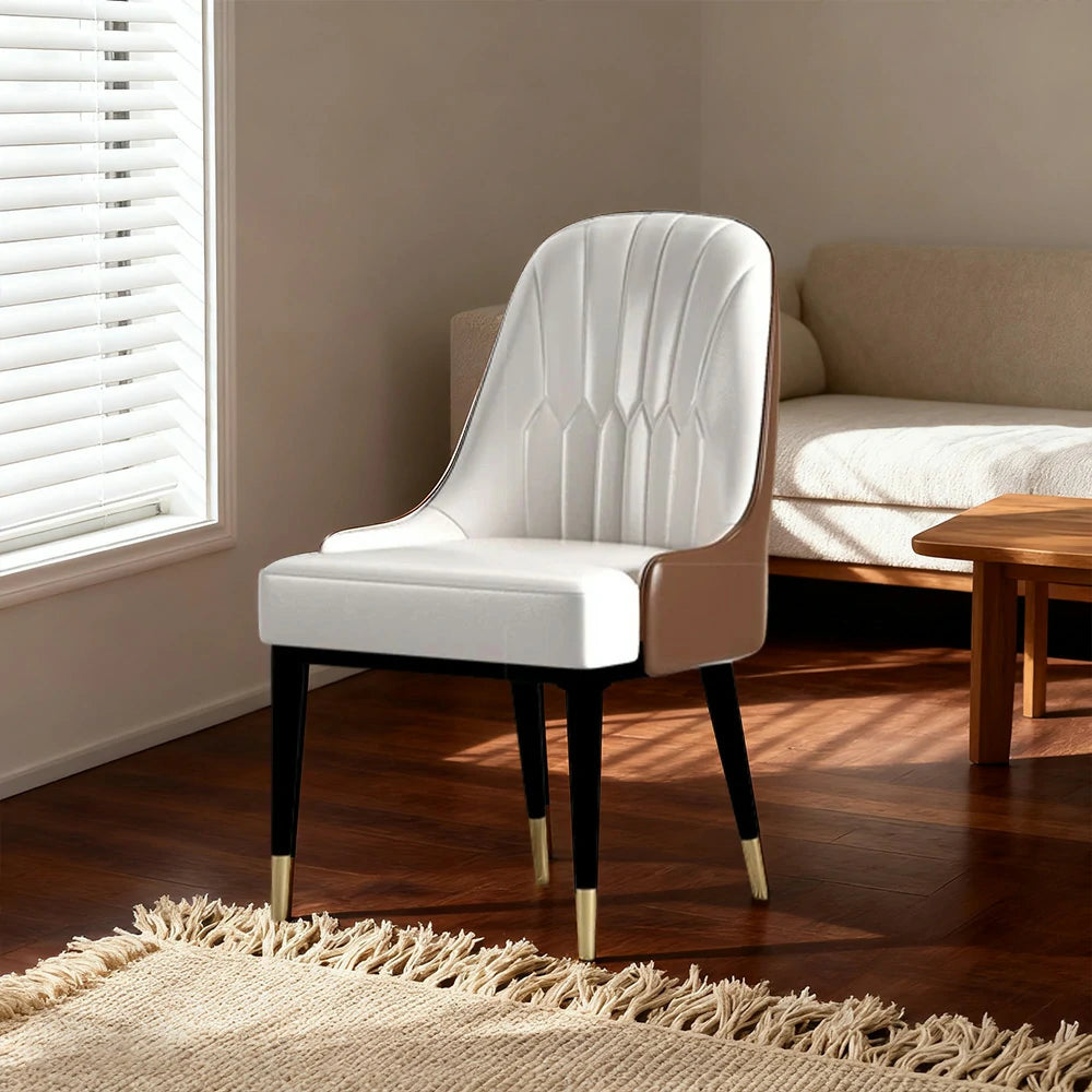 LIVARA Dining Chair – Premium Faux Leather Upholstery, Ergonomic Vertical-Stitched Backrest, High-Density Cushion, Sturdy Metal Legs with Gold-Tipped Design - White