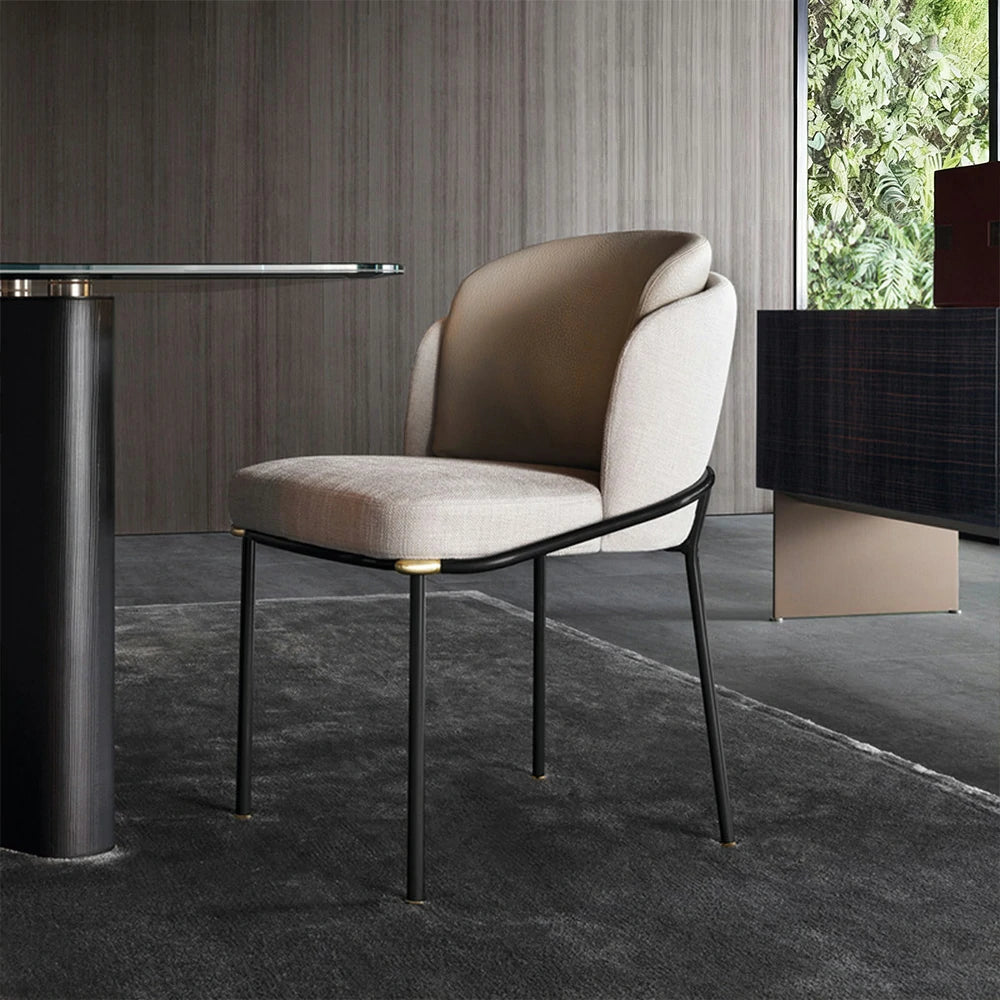 LIVARA Dining Chair – Premium Fabric & Faux Leather Upholstery, Ergonomic Curved Backrest, High-Density Cushion, Sturdy Metal Frame with Gold Accents - Beige