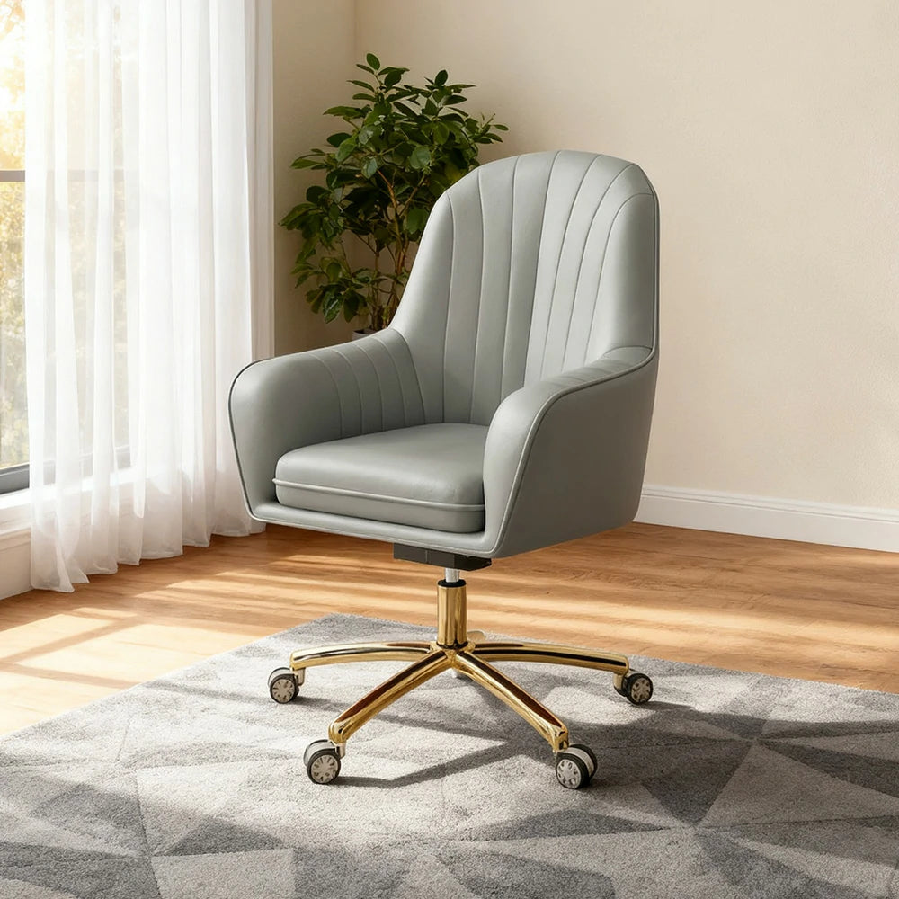 LIVARA Ergonomic Office Chair – Premium Faux Leather Upholstery, Comfortable High-Density Cushion, Stylish Plywood Backrest, 360° Swivel Base with Smooth Wheels - Grey