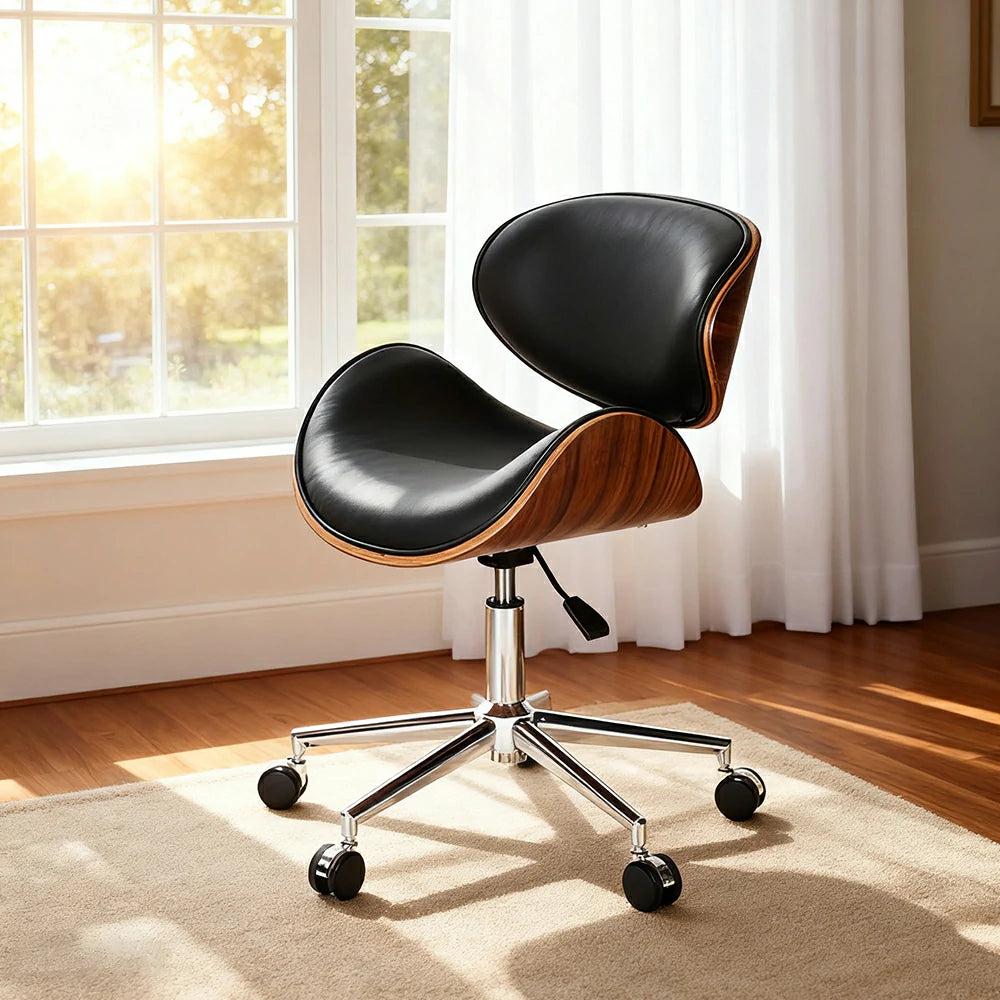 LIVARA Accent Office Chair – Premium Faux Leather Upholstery, Ergonomic Curved Backrest, Plywood Shell Design, High-Density Cushion, 360° Swivel Base with Smooth Wheels - Black