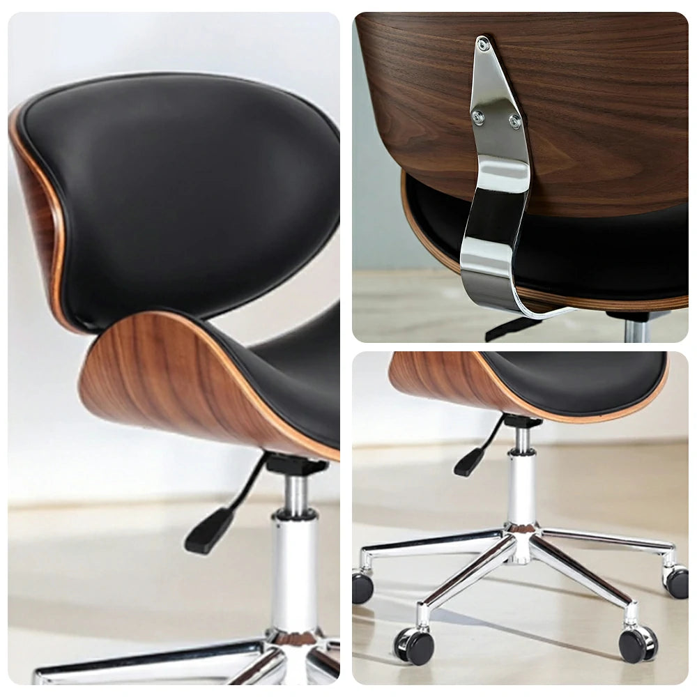 LIVARA Accent Office Chair – Premium Faux Leather Upholstery, Ergonomic Curved Backrest, Plywood Shell Design, High-Density Cushion, 360° Swivel Base with Smooth Wheels - Black