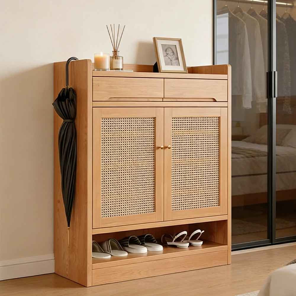 LIVARA 80cm Freestanding Shoe Cabinet with PVC Woven Doors - Breathable Moisture-Resistant Design, Spacious Multi-Tier Storage, Copper Handles