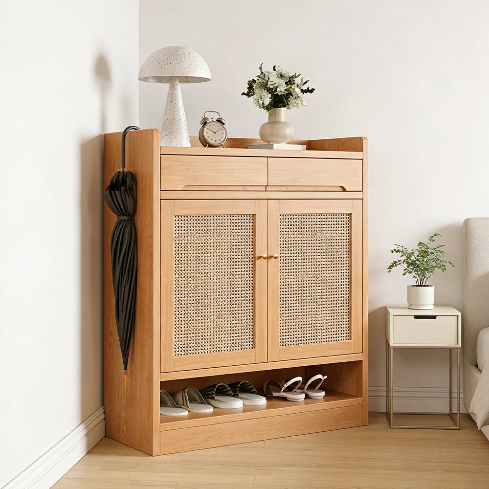 LIVARA 80cm Freestanding Shoe Cabinet with PVC Woven Doors - Breathable Moisture-Resistant Design, Spacious Multi-Tier Storage, Copper Handles