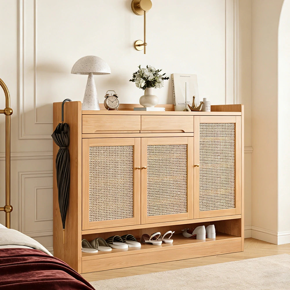 LIVARA 110cm Freestanding Shoe Cabinet with PVC Woven Doors - Breathable Moisture-Resistant Design, Spacious Multi-Tier Storage, Copper Handles