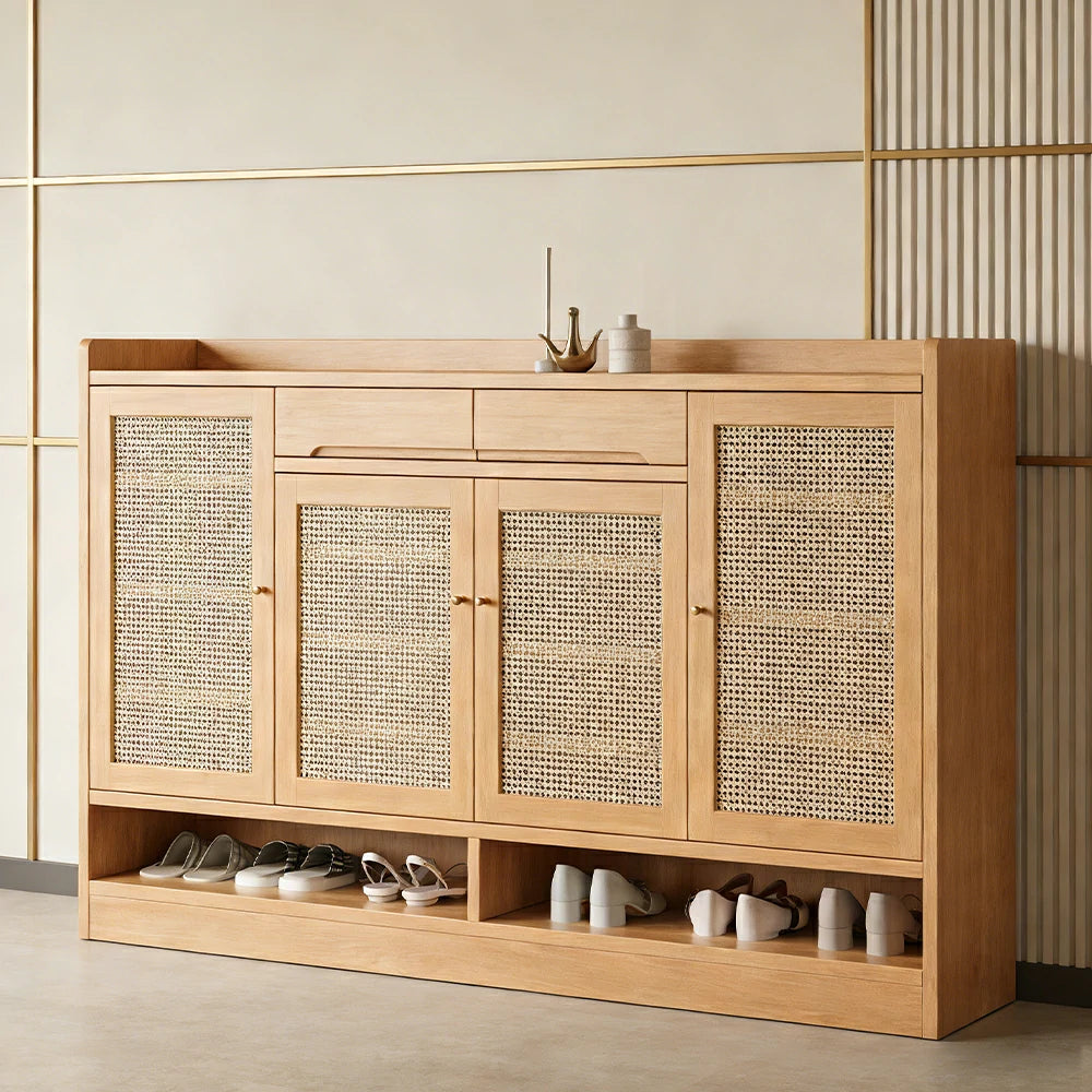 LIVARA 120/140cm Freestanding Shoe Cabinet with PVC Woven Doors - Breathable Moisture-Resistant Design, Spacious Multi-Tier Storage, Copper Handles