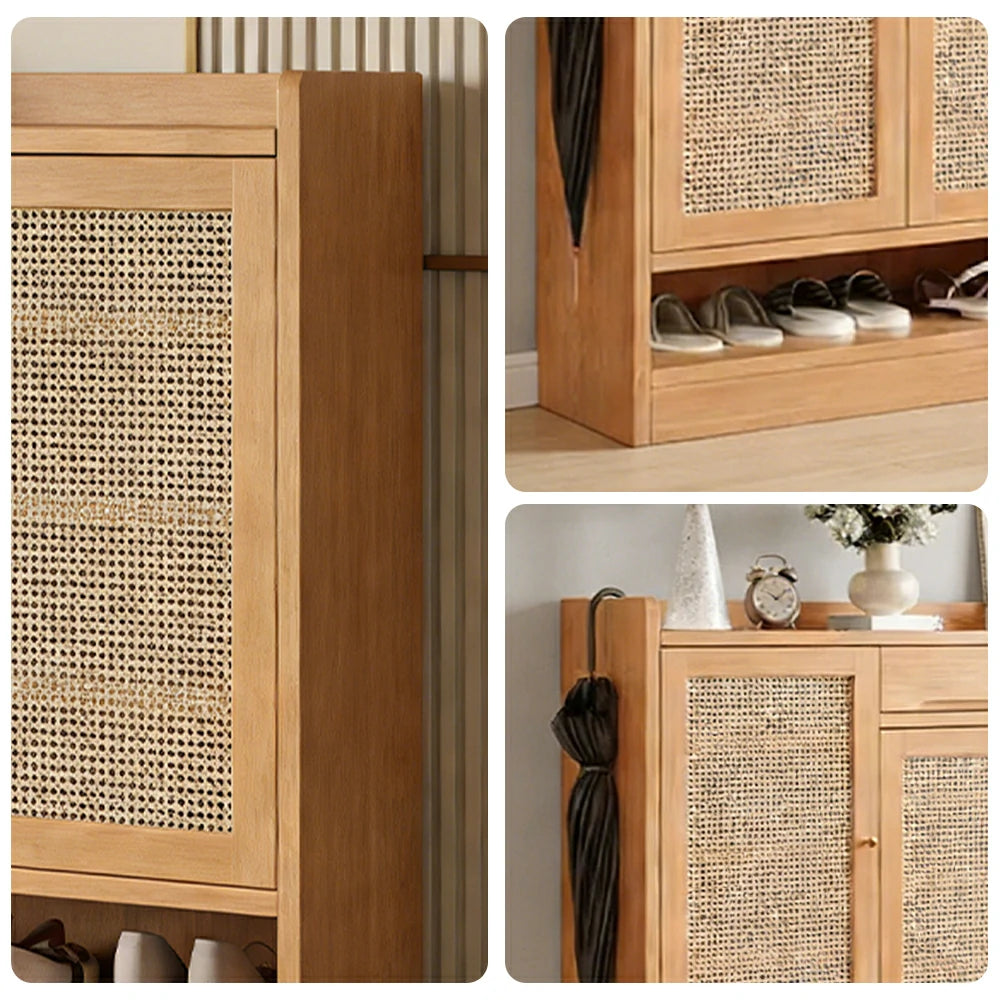 LIVARA 120/140cm Freestanding Shoe Cabinet with PVC Woven Doors - Breathable Moisture-Resistant Design, Spacious Multi-Tier Storage, Copper Handles