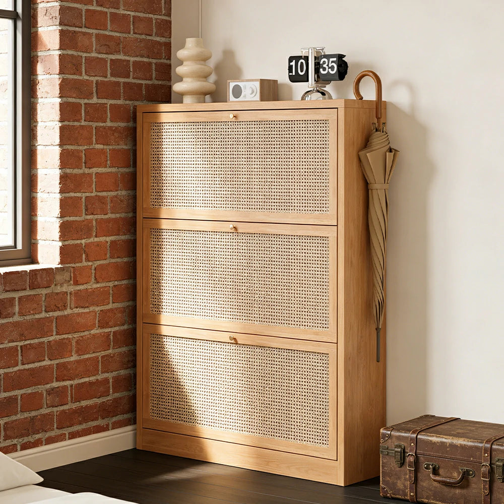 LIVARA 68/88cm Flip-Drawer Shoe Cabinet with PVC Woven Doors - Breathable Moisture-Resistant Design, Multi-Tier Storage, Copper Handles