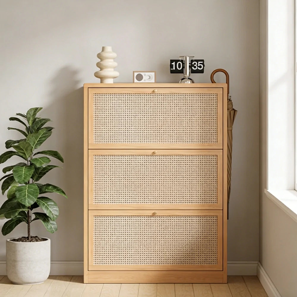 LIVARA 68/88cm Flip-Drawer Shoe Cabinet with PVC Woven Doors - Breathable Moisture-Resistant Design, Multi-Tier Storage, Copper Handles