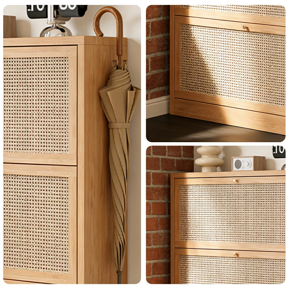 LIVARA 68/88cm Flip-Drawer Shoe Cabinet with PVC Woven Doors - Breathable Moisture-Resistant Design, Multi-Tier Storage, Copper Handles