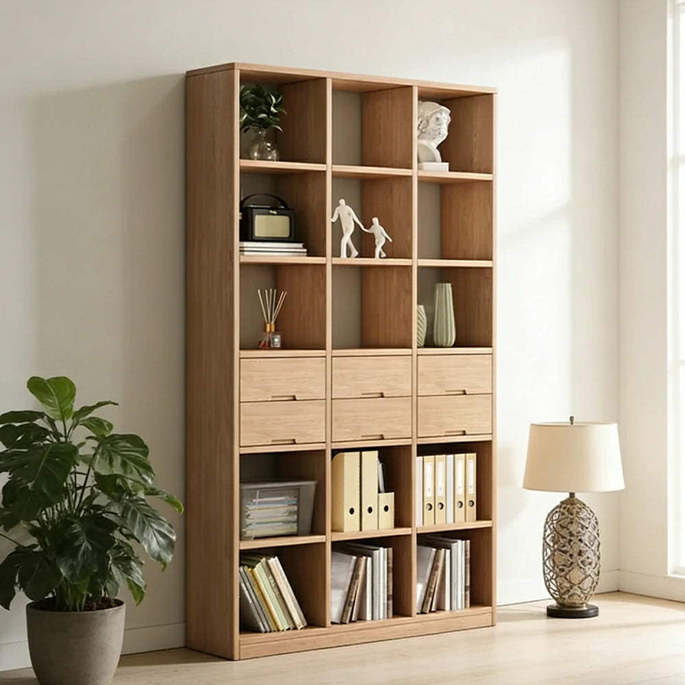 LIVARA 80/120cm Bookcase - Multi-Drawer Organised Design with Solid Pine Wood Frame, Smooth Metal Runners & Space-Saving Groove Handles