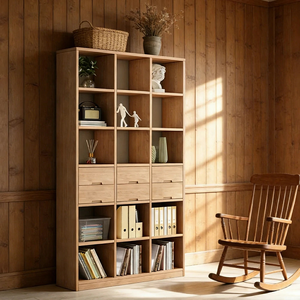 LIVARA 80/120cm Bookcase - Multi-Drawer Organised Design with Solid Pine Wood Frame, Smooth Metal Runners & Space-Saving Groove Handles