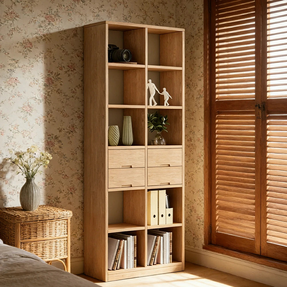 LIVARA 80/120cm Bookcase - Multi-Drawer Organised Design with Solid Pine Wood Frame, Smooth Metal Runners & Space-Saving Groove Handles