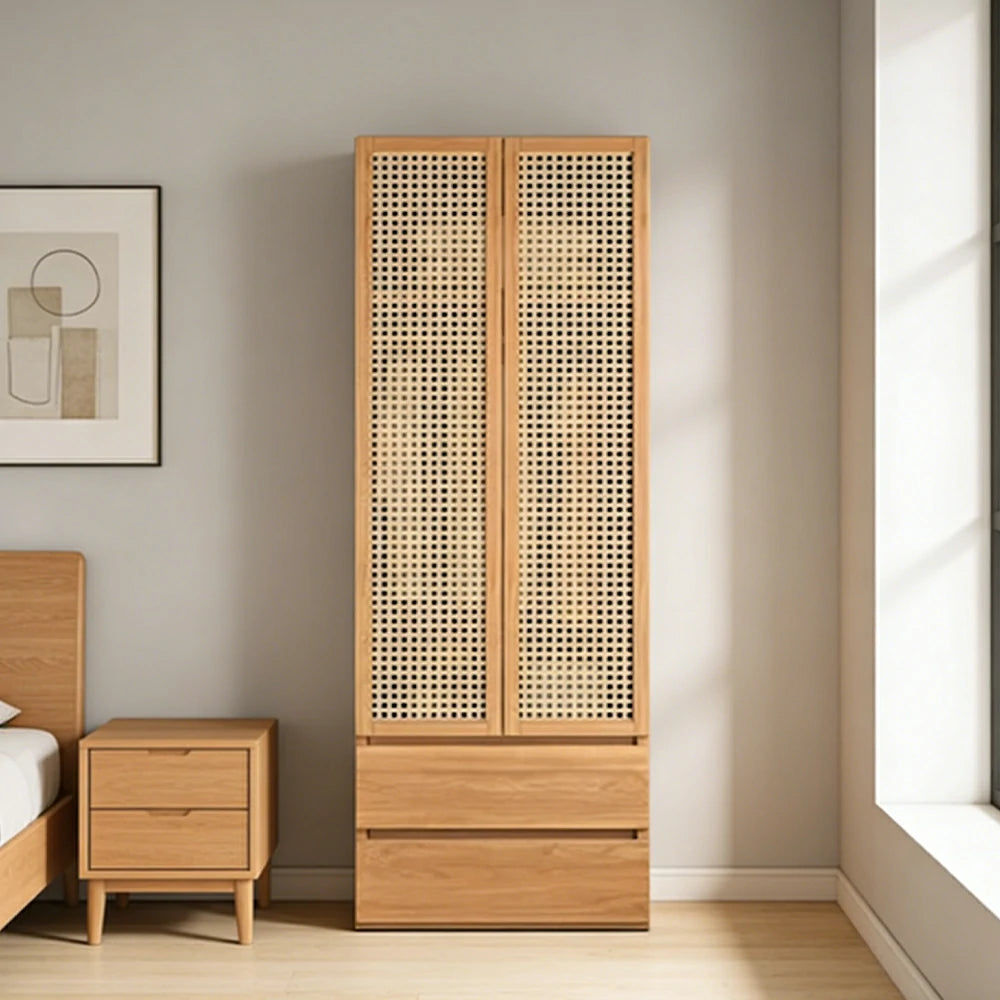 LIVARA 80cm Rattan Storage Cabinet - Multi-Zone Wardrobe Design with Solid Finnish Pine Wood, Breathable PVC Doors & Spacious Drawers